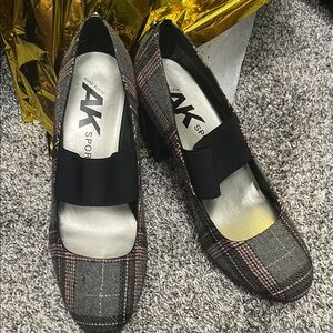 Anne Klein Gray and Red Plaid Flats with Black Band